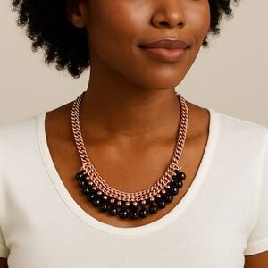 Henri Bendel Tribal Beaded Collar Necklace Rose Gold Chain Black Cats Eye Beads